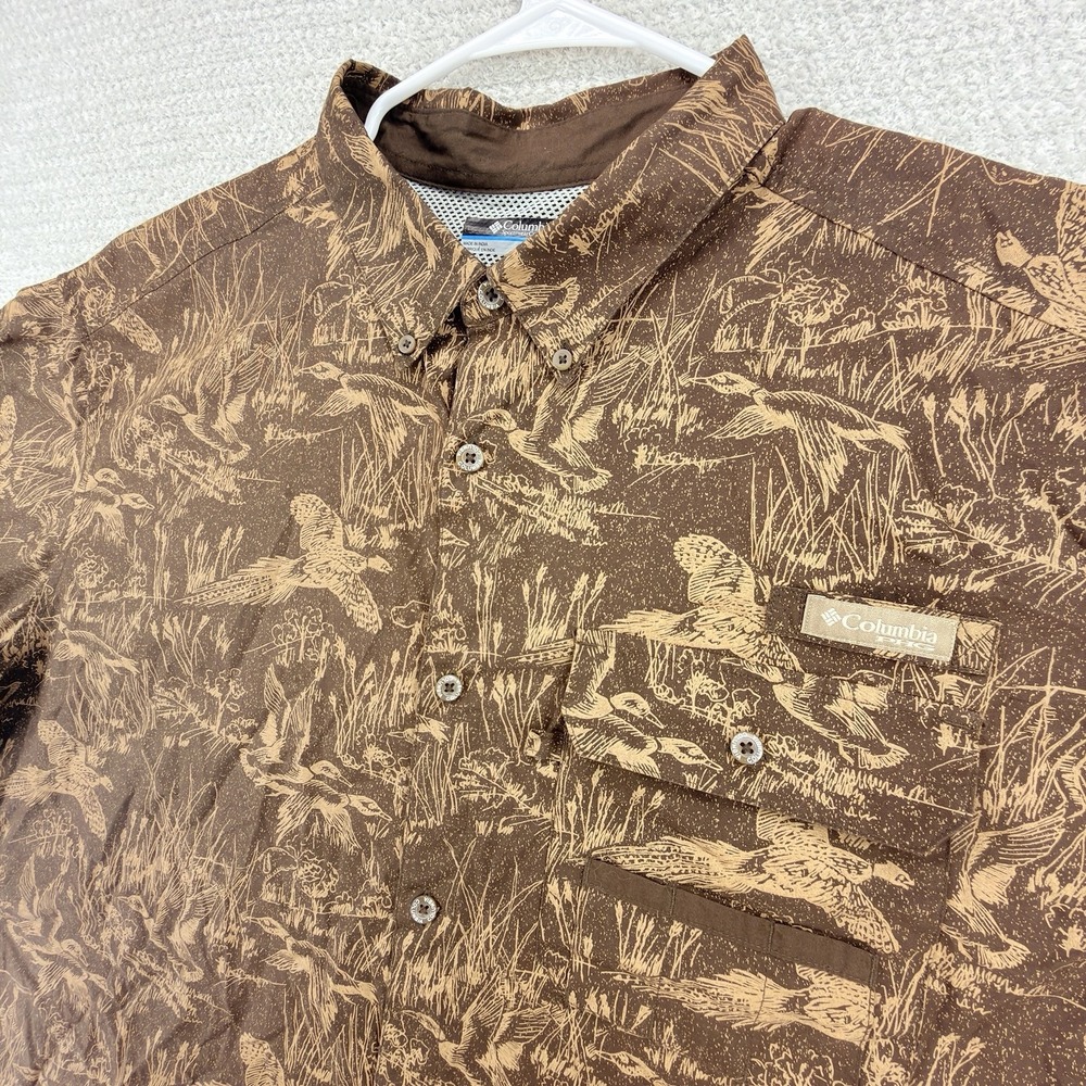 Columbia PHG Super Sharptail Shirt Mens XXL Duck Hunting Bird Print Brown